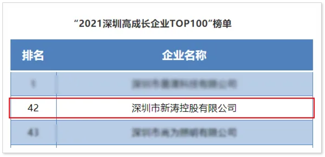 新濤2021年深圳高成長(zhǎng)企業(yè)100強(qiáng)