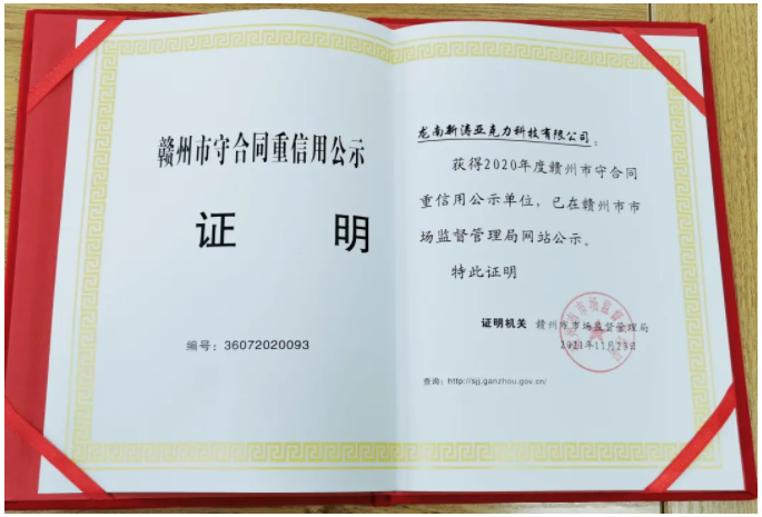 2020年贛州市守合同重信用公示單位證明